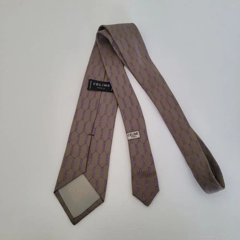 Celine Men's Neck Tie Made In Spain Designer Silk Gray Purple Geometric‎ Belts